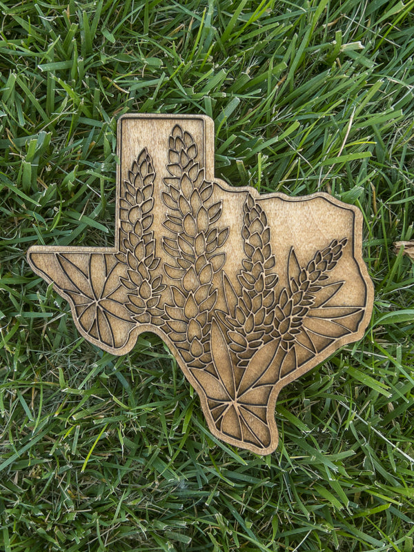 Texas Outline with Bluebonnet
